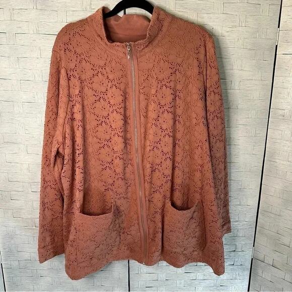 Denim&Co Jackets & Blazers - D & Co Womens jacket blush lace outside knit inside cottagecore zip up plus size